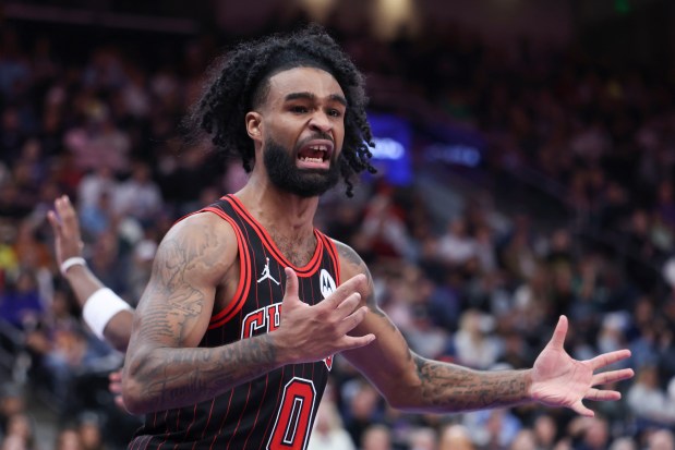 Bulls guard Coby White reacts to a call during the second overtime against the Jazz on Sunday, Nov. 16, 2025, in Salt Lake City. (AP Photo/Rob Gray)