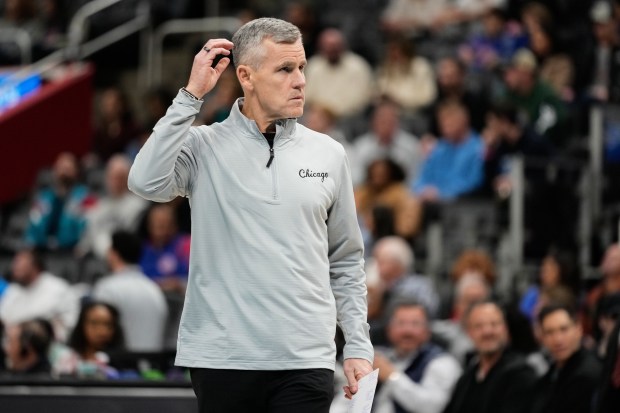 Bulls coach Billy Donovan stands on the court during the first half against the Pistons on Wednesday, Nov. 12, 2025, in Detroit. (AP Photo/Ryan Sun)