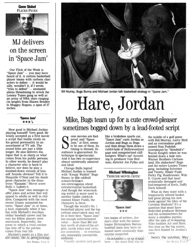 Tribune film critics Gene Siskel and Michael Wilmington both gave "Space Jam," which starred Michael Jordan, at least 3 stars in their November 1996 reviews of the film. (Chicago Tribune)