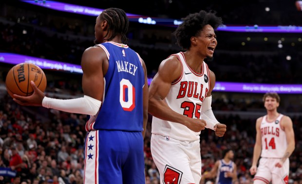Chicago Bulls forward/guard Isaac Okoro (35) celebrates after scoring off a steal in the first half of a game against the Philadelphia 76ers at the United Center in Chicago on Nov. 4, 2025. (Chris Sweda/Chicago Tribune)