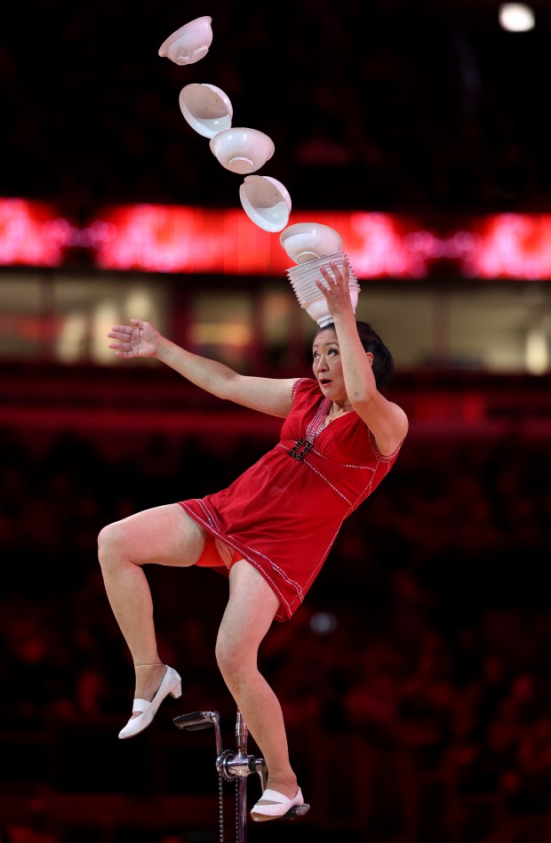 Red Panda performs at halftime of a game between the Chicago Bulls and the Philadelphia 76ers at the United Center in Chicago on Nov. 4, 2025. (Chris Sweda/Chicago Tribune)