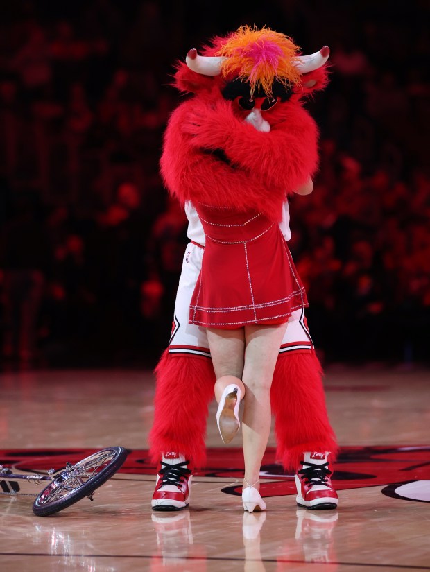 Benny the Bull hugs Red Panda after her performance at halftime of a game between the Chicago Bulls and the Philadelphia 76ers at the United Center in Chicago on Nov. 4, 2025. (Chris Sweda/Chicago Tribune)