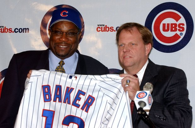 Dusty Baker, left, is introduced as the new Chicago Cubs manager on Nov. 19, 2002, at Wrigley Field by Cubs general manager Jim Hendry. (Phil Velasquez/Chicago Tribune)