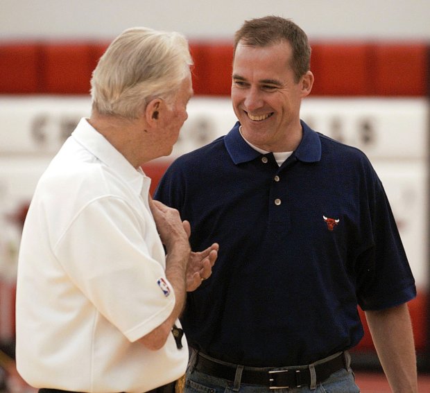 Assistant Coach Johnny Bach, left, and Bulls General Manager John...