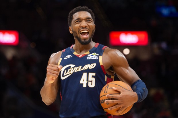 Guard Donovan Mitchell celebrates near the end of the Cavaliers' 128-112 win over the Bulls on Saturday, Nov. 8, 2025, in Cleveland. (Phil Long/AP)