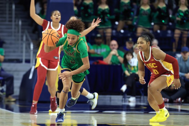 Notre Dame's Hannah Hidalgo, left, steals the ball from USC's Malia Samuels during the second half Nov. 21, 2025, in South Bend, Ind. (Justin Casterline/Getty Images)
