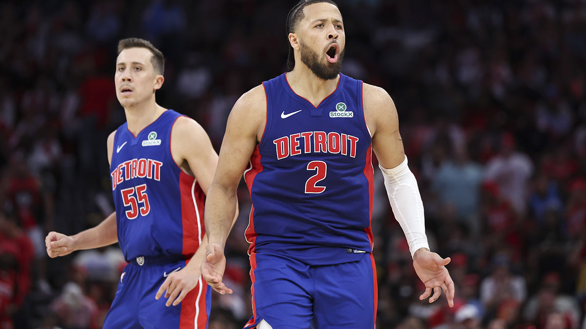 Detroit Pistons guard Cade Cunningham (2) reacts after scoring a basket during the fourth quarter against the Houston Rockets at Toyota Center.