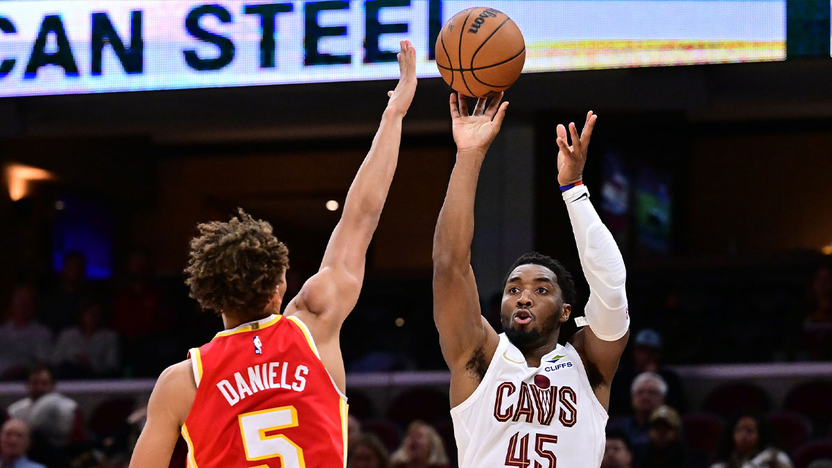 Cavs guard Donovan Mitchell (45) shoots