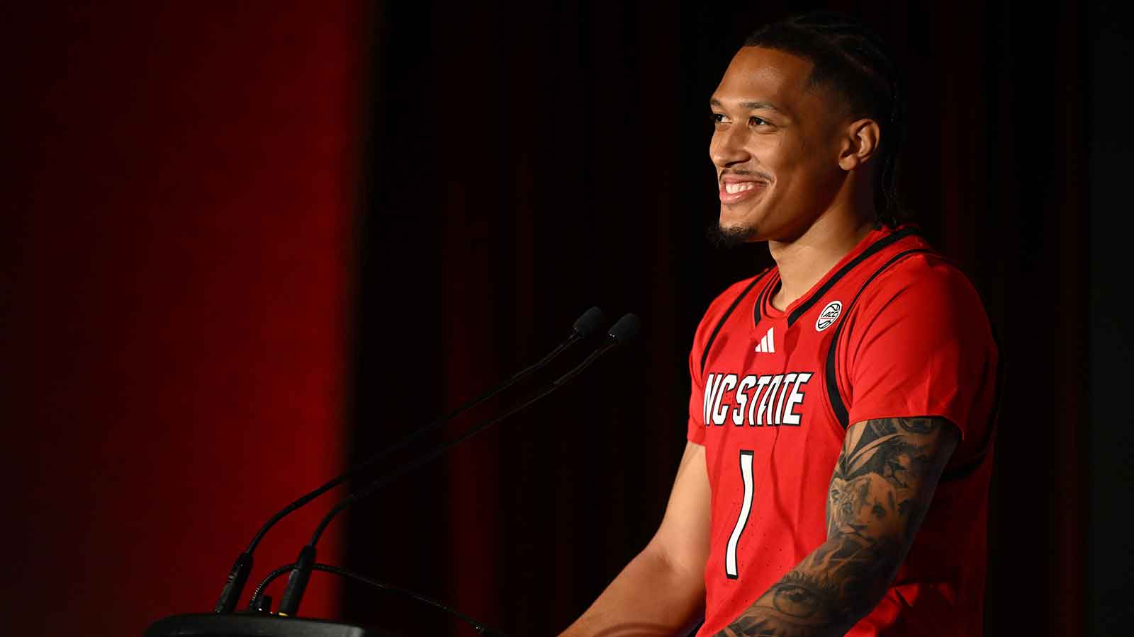 NC State player Darrion Williams answers questions from the media at The Hilton Charlotte Uptown. 