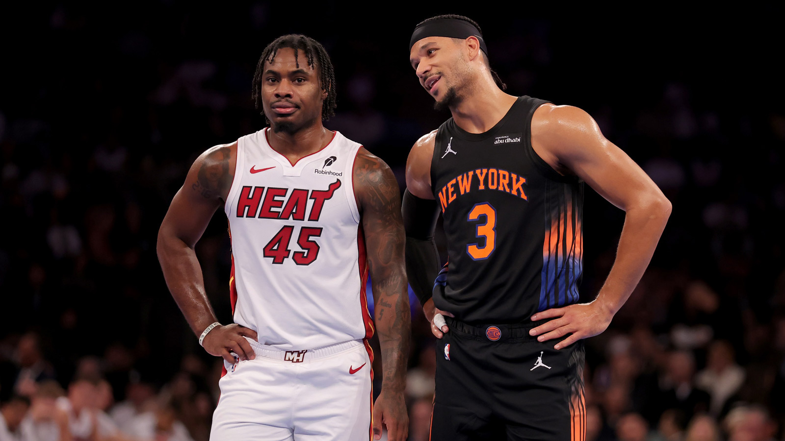 New York Knicks guard Josh Hart (3) talks to Miami Heat guard Davion Mitchell (45) during the second quarter at Madison Square Garden.
