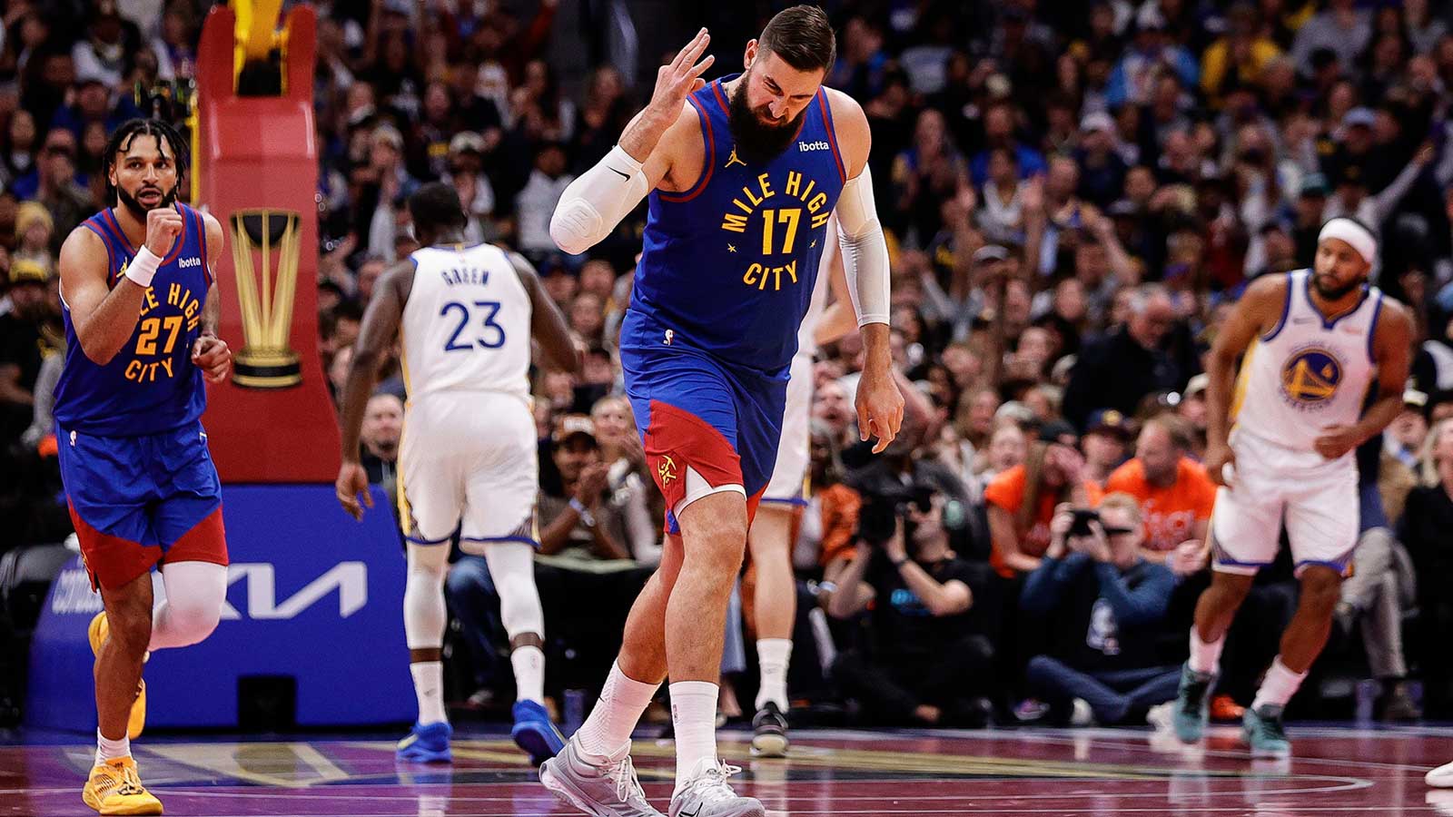 Denver Nuggets center Jonas Valanciunas (17) reacts after a basket in the second quarter against the Golden State Warriors.