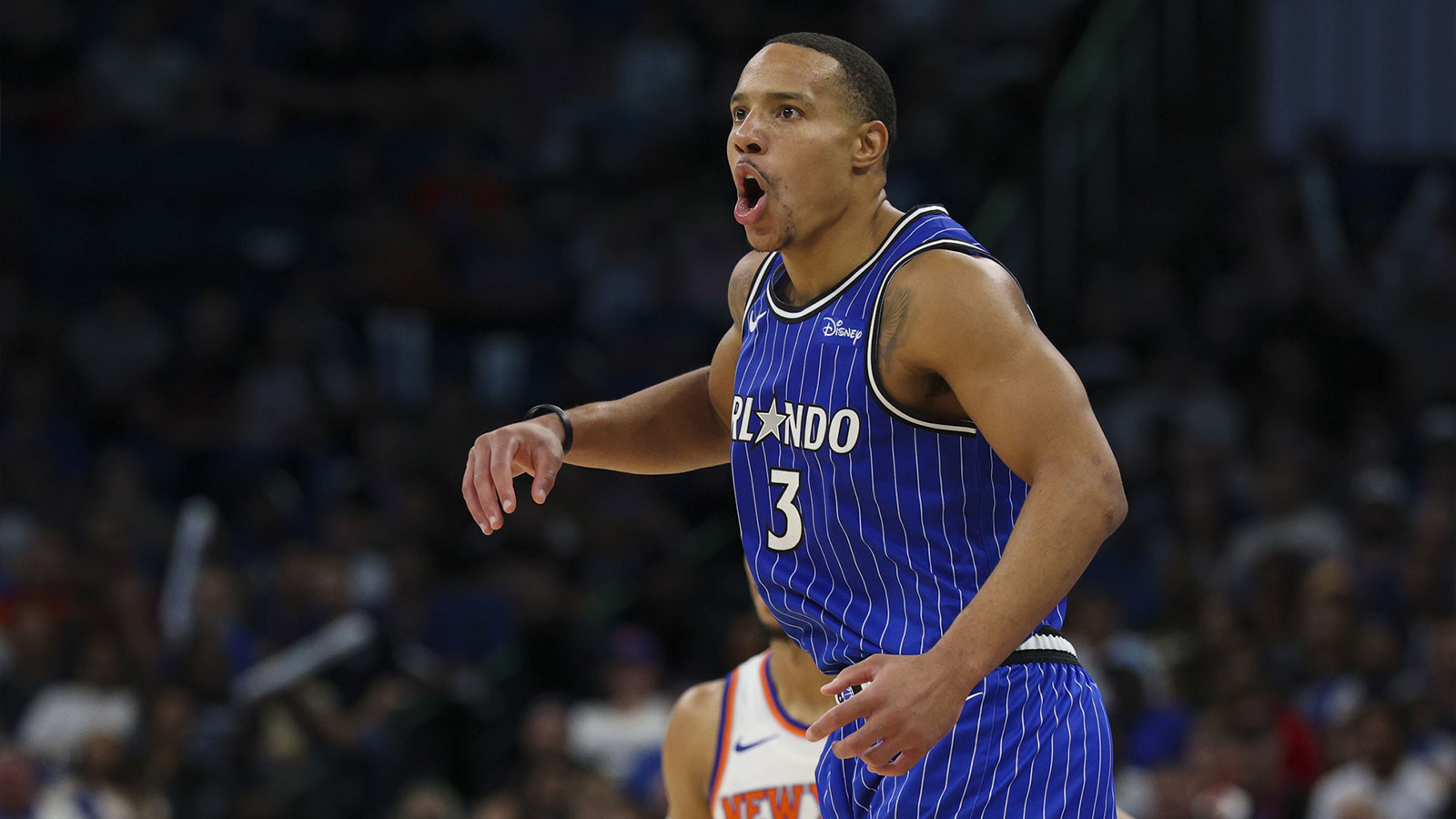Orlando Magic guard Desmond Bane (3) reacts after a play against the New York Knicks in the third quarter at Kia Center. 