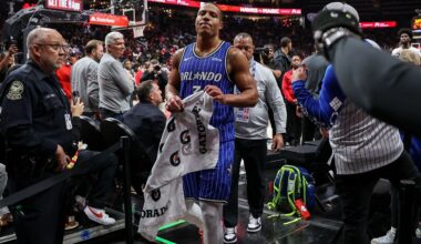 Orlando Magic guard Desmond Bane exits the court after getting ejected during the second half of an NBA basketball game against the Atlanta Hawks, Tuesday, Nov. 4, 2025, in Atlanta. (AP Photo/Colin Hubbard)
