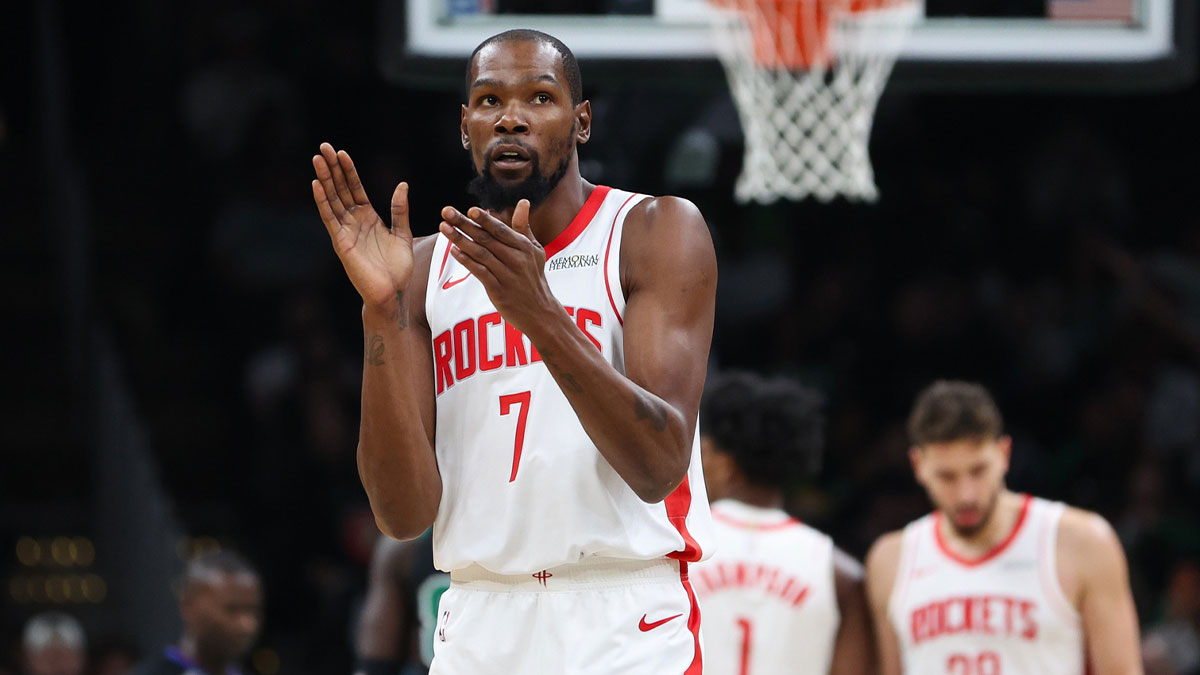 Houston Rockets forward Kevin Durant (7) reacts during the first half against the Boston Celtics at TD Garden.