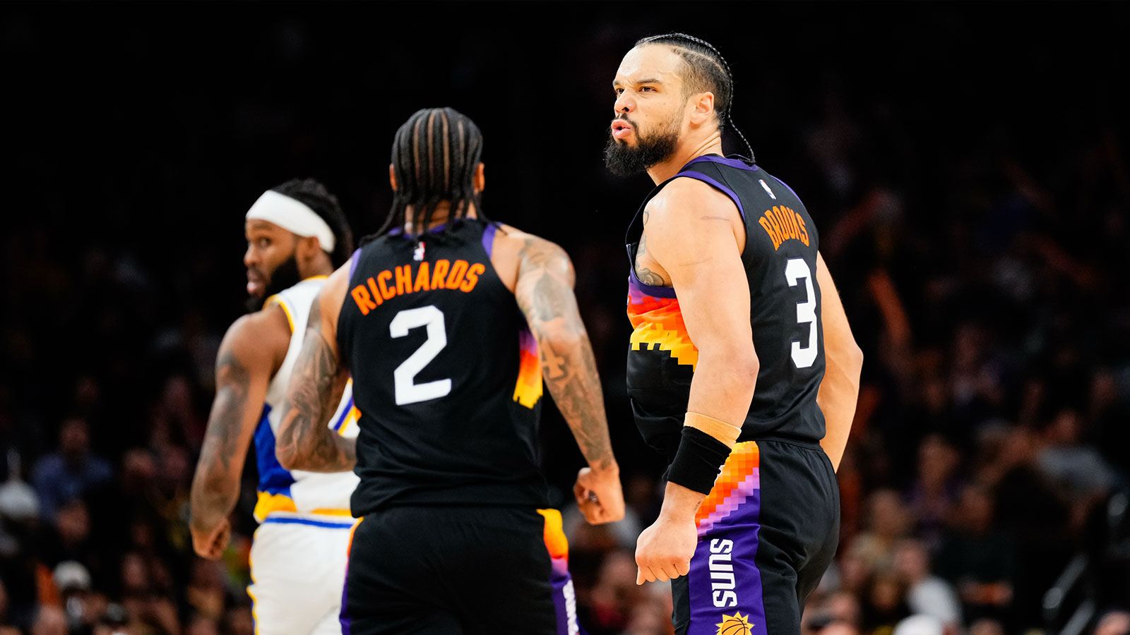 Phoenix Suns forward Dillon Brooks (3) reacts to a score during the second half of the game at Mortgage Matchup Center.