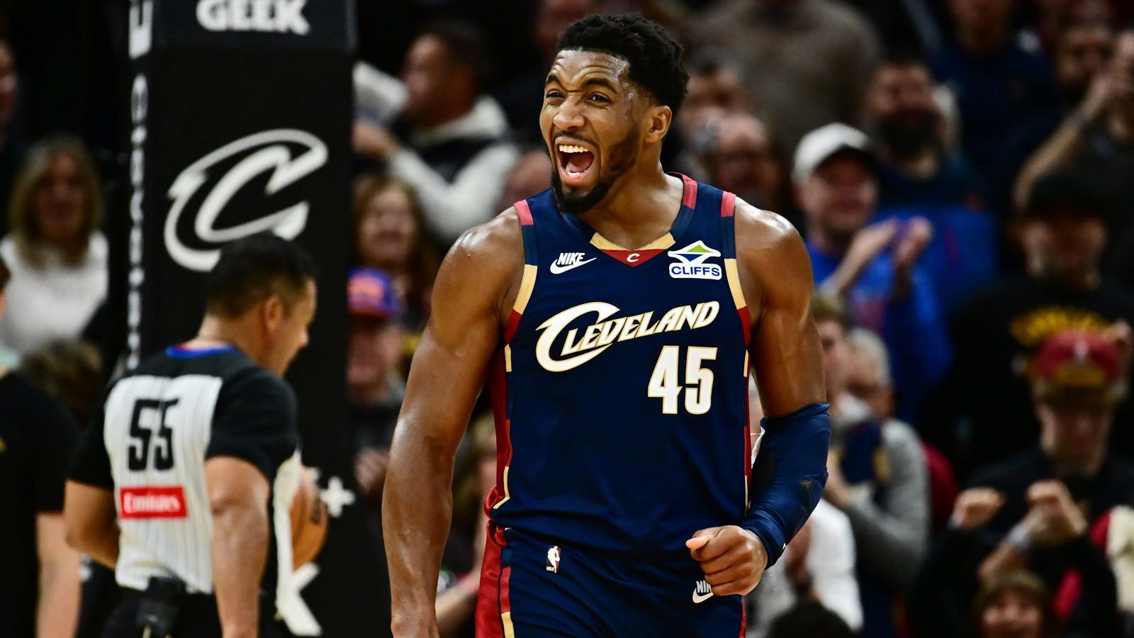 Cleveland Cavaliers guard Donovan Mitchell (45) celebrates during the second half against the Chicago Bulls at Rocket Arena.