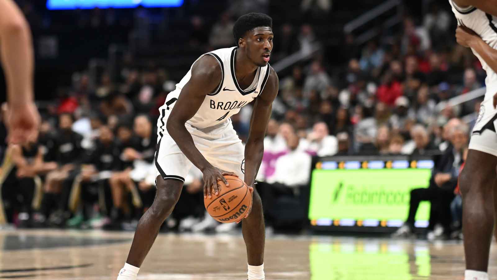Brooklyn Nets guard Drake Powell (4) pauses with the ball against the Washington Wizards during the first quarter at Capital One Arena.