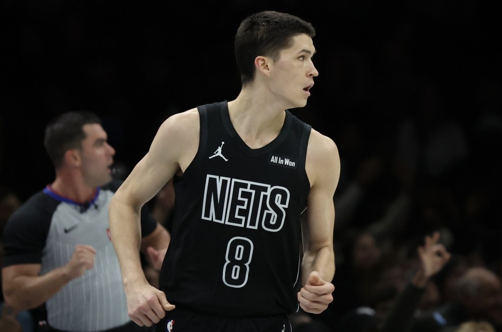 Egor Dëmin, who had 23 points, nine rebounds and five assists, runs up court after hitting a 3-pointer during the Nets' 115-103 loss to the 76ers on Nov. 28, 2025 at Barclays Center.