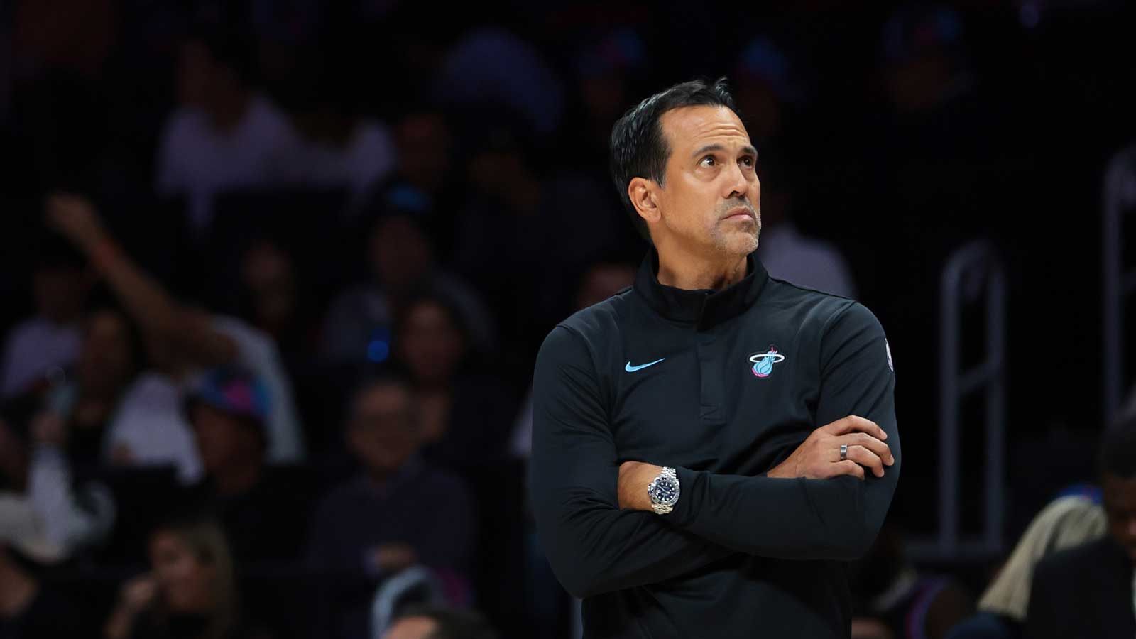 Miami Heat head coach Erik Spoelstra looks on against the Cleveland Cavaliers during the second quarter at Kaseya Center.