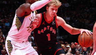 Toronto Raptors’ Gradey Dick exits Wednesday’s game against Indiana Pacers after hard fall