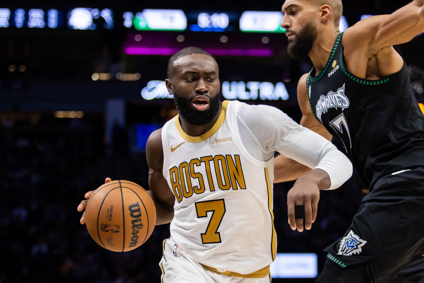 Jaylen Brown pushed past Rudy Gobert in a dominant first half, but he cooled off in the second.