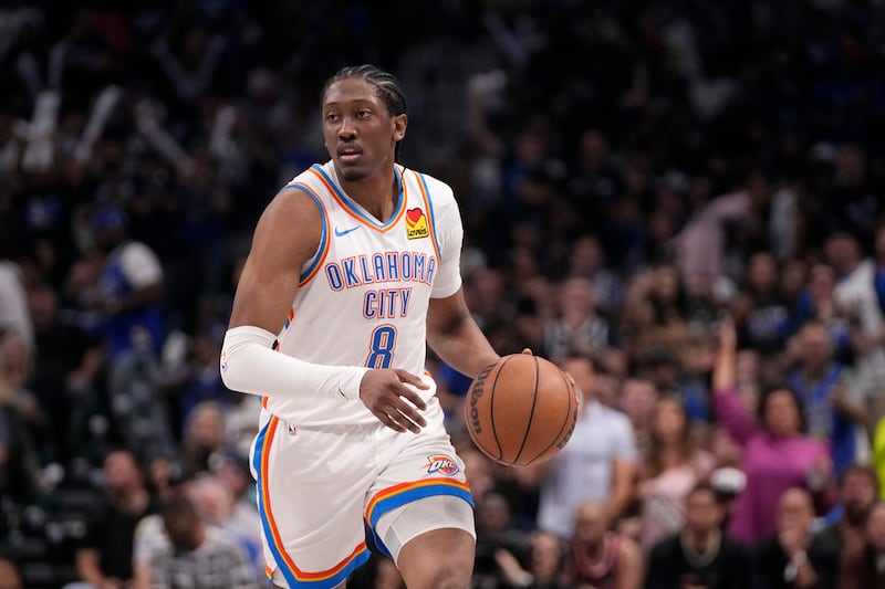 Oklahoma City Thunder's Jalen Williams handles the ball in Game 3 of an NBA basketball second-round playoff series against the Dallas Mavericks, Saturday, May 11, 2024, in Dallas. (AP Photo/Tony Gutierrez)