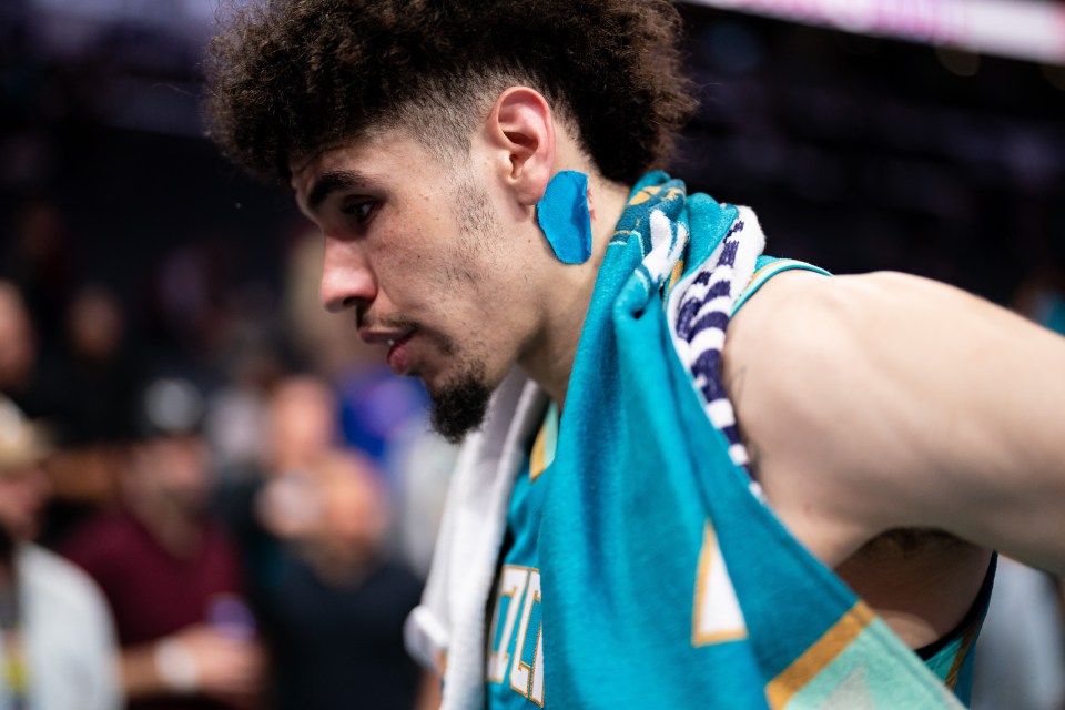 LaMelo Ball #1 of the Charlotte Hornets looks on after losing to the Milwaukee Bucks during an NBA In-Season Tournament game at Spectrum Center on November 17, 2023 in Charlotte, North Carolina.