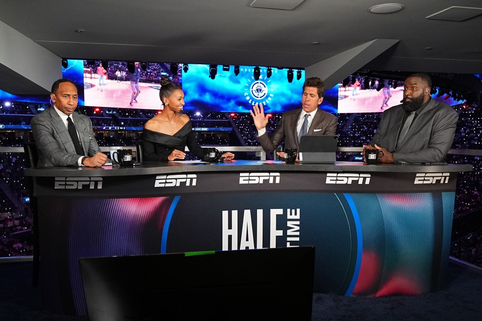 INGLEWOOD, CA - OCTOBER 23: Malika Andrews, Stephen A. Smith, Kendrick Perkins, and Bob Myers look on during the NBA Countdown Halftime Show during the game between the Phoenix Suns and the LA Clippers on October 23, 2024 at Intuit Dome in Los Angeles, California. NOTE TO USER: User expressly acknowledges and agrees that, by downloading and/or using this Photograph, user is consenting to the terms and conditions of the Getty Images License Agreement. Mandatory Copyright Notice: Copyright 2024 NBAE (Photo by Garrett Ellwood/NBAE via Getty Images)