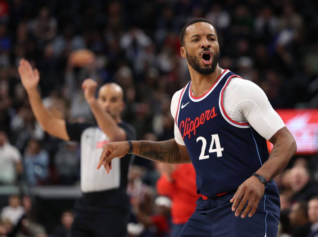 Norman Powell of the LA Clippers reacts to his three pointer