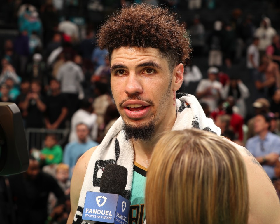LaMelo Ball #1 of the Charlotte Hornets talks to the media after the game against the Milwaukee Bucks on November 16, 2024 at Spectrum Center in Charlotte, North Carolina.