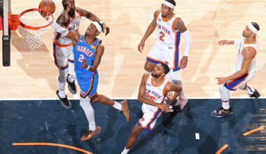 NEW YORK, NY - JANUARY 10: Shai Gilgeous-Alexander #2 of the Oklahoma City Thunder drives to the basket during the game against the New York Knicks on January 10, 2025 at Madison Square Garden in New York City, New York. NOTE TO USER: User expressly acknowledges and agrees that, by downloading and or using this photograph, User is consenting to the terms and conditions of the Getty Images License Agreement. Mandatory Copyright Notice: Copyright 2024 NBAE (Photo by Nathaniel S. Butler/NBAE via Getty Images)