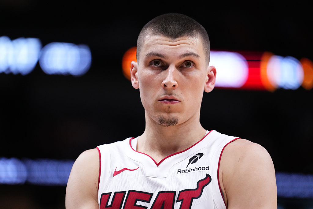 MIAMI, FLORIDA - APRIL 26: Tyler Herro #14 of the Miami Heat looks on against the Cleveland Cavaliers during the fourth quarter in Game Three of the Eastern Conference First Round NBA Playoffs at Kaseya Center on April 26, 2025 in Miami, Florida. NOTE TO USER: User expressly acknowledges and agrees that, by downloading and or using this photograph, User is consenting to the terms and conditions of the Getty Images License Agreement. (Photo by Rich Storry/Getty Images)