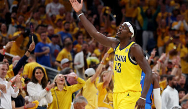 INDIANAPOLIS, INDIANA - JUNE 13: Pascal Siakam #43 of the Indiana Pacers reacts during the third quarter against the Oklahoma City Thunder in Game Four of the 2025 NBA Finals at Gainbridge Fieldhouse on June 13, 2025 in Indianapolis, Indiana. NOTE TO USER: User expressly acknowledges and agrees that, by downloading and or using this photograph, User is consenting to the terms and conditions of the Getty Images License Agreement. (Photo by Maddie Meyer/Getty Images)
