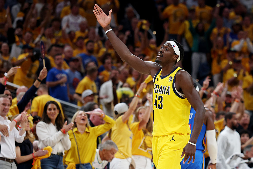 INDIANAPOLIS, INDIANA - JUNE 13: Pascal Siakam #43 of the Indiana Pacers reacts during the third quarter against the Oklahoma City Thunder in Game Four of the 2025 NBA Finals at Gainbridge Fieldhouse on June 13, 2025 in Indianapolis, Indiana. NOTE TO USER: User expressly acknowledges and agrees that, by downloading and or using this photograph, User is consenting to the terms and conditions of the Getty Images License Agreement. (Photo by Maddie Meyer/Getty Images)
