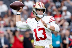 LAS VEGAS, NEVADA - AUGUST 16: Brock Purdy #13 of the San Francisco 49ers looks to pass during the first quarter of the NFL Preseason 2025 game against the Las Vegas Raiders at Allegiant Stadium on August 16, 2025 in Las Vegas, Nevada. (Photo by Ian Maule/Getty Images)