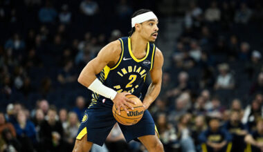 MINNEAPOLIS, MINNESOTA - OCTOBER 7: Andrew Nembhard #2 of the Indiana Pacers looks to pass the ball during the first quarter of the preseason game against the Minnesota Timberwolves at Target Center on October 7, 2025 in Minneapolis, Minnesota. NOTE TO USER: User expressly acknowledges and agrees that, by downloading and or using this photograph, User is consenting to the terms and conditions of the Getty Images License Agreement. (Photo by Stephen Maturen/Getty Images)