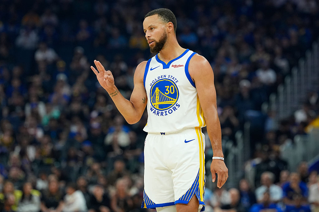 SAN FRANCISCO, CALIFORNIA - OCTOBER 05: Stephen Curry #30 of the Golden State Warriors looks on against the Los Angeles Lakers during the first half of an NBA preseason basketball game at Chase Center on October 05, 2025 in San Francisco, California. NOTE TO USER: User expressly acknowledges and agrees that, by downloading and or using this photograph, User is consenting to the terms and conditions of the Getty Images License Agreement. (Photo by Thearon W. Henderson/Getty Images)
