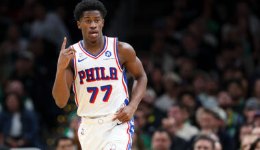 BOSTON, MA - OCTOBER 22: VJ Edgecombe #77 of the Philadelphia 76ers reacts after a basket in the third quarter of the game against the Boston Celtics at TD Garden on October 22, 2025 in Boston, Massachusetts. NOTE TO USER: User expressly acknowledges and agrees that, by downloading and or using this photograph, User is consenting to the terms and conditions of the Getty Images License Agreement. (Photo by Adam Glanzman/Getty Images)