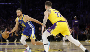 Stephen Curry #30 of the Golden State Warriors dribbles in front of Luka Doncic #77 of the Los Angeles Lakers during a 119-109 Warriors win in the season opening game between the Golden State Warriors and the Los Angeles Lakers at Crypto.com Arena on October 21, 2025 in Los Angeles, California.