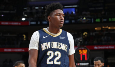 NEW ORLEANS, LA - OCTOBER 24: Derik Queen #22 of the New Orleans Pelicans looks on during the game against the San Antonio Spurs on October 24, 2025 at the Smoothie King Center in New Orleans, Louisiana. NOTE TO USER: User expressly acknowledges and agrees that, by downloading and or using this Photograph, user is consenting to the terms and conditions of the Getty Images License Agreement. Mandatory Copyright Notice: Copyright 2025 NBAE (Photo by Layne Murdoch Jr./NBAE via Getty Images)