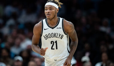 CHARLOTTE, NORTH CAROLINA - OCTOBER 22: Noah Clowney #21 of the Brooklyn Nets plays against the Charlotte Hornets during their game at Spectrum Center on October 22, 2025 in Charlotte, North Carolina. NOTE TO USER: User expressly acknowledges and agrees that, by downloading and or using this photograph, User is consenting to the terms and conditions of the Getty Images License Agreement. (Photo by Jacob Kupferman/Getty Images)