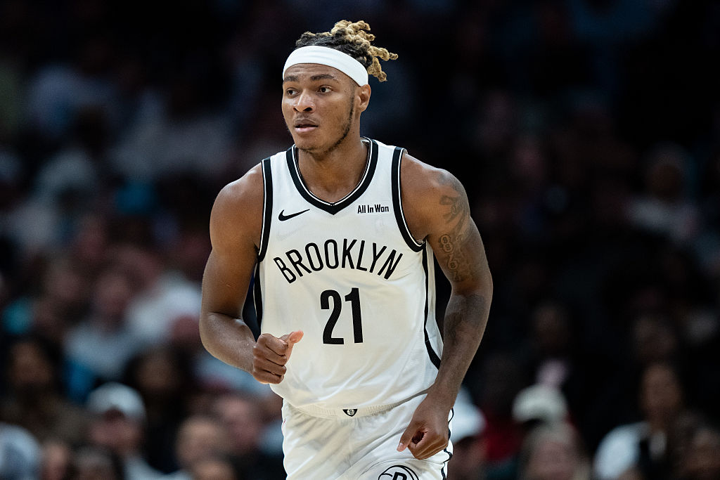 CHARLOTTE, NORTH CAROLINA - OCTOBER 22: Noah Clowney #21 of the Brooklyn Nets plays against the Charlotte Hornets during their game at Spectrum Center on October 22, 2025 in Charlotte, North Carolina. NOTE TO USER: User expressly acknowledges and agrees that, by downloading and or using this photograph, User is consenting to the terms and conditions of the Getty Images License Agreement. (Photo by Jacob Kupferman/Getty Images)