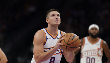 SALT LAKE CITY, UT - OCTOBER 27: Grayson Allen #8 of the Phoenix Suns free throw during the game against the Utah Jazz on October , 2025 at Delta Center in Salt Lake City, Utah. NOTE TO USER: User expressly acknowledges and agrees that, by downloading and or using this Photograph, User is consenting to the terms and conditions of the Getty Images License Agreement. Mandatory Copyright Notice: Copyright 2025 NBAE (Photo by Chris Nicoll/NBAE via Getty Images)