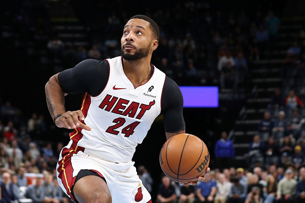 MEMPHIS, TENNESSEE - OCTOBER 24: Norman Powell #24 of the Miami Heat takes a shot during the game against the Memphis Grizzlies at FedExForum on October 24, 2025 in Memphis, Tennessee. NOTE TO USER: User expressly acknowledges and agrees that, by downloading and or using this photograph, User is consenting to the terms and conditions of the Getty Images License Agreement. (Photo by Justin Ford/Getty Images)