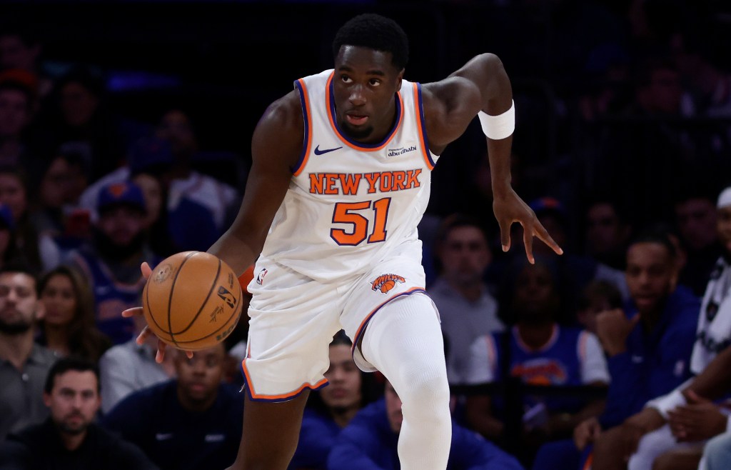Mohamed Diawara #51 of the New York Knicks in action against the Charlotte Hornets at Madison Square Garden on October 17, 2025 in New York City. 