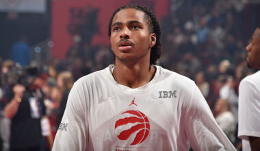 CLEVELAND, OH - OCTOBER 31: Collin Murray-Boyles #12 of the Toronto Raptors looks on before the game against the Cleveland Cavaliers during the 2025-26 Emirates Cup game on October 31, 2025 at Rocket Arena in Cleveland, Ohio. NOTE TO USER: User expressly acknowledges and agrees that, by downloading and/or using this Photograph, user is consenting to the terms and conditions of the Getty Images License Agreement. Mandatory Copyright Notice: Copyright 2025 NBAE (Photo by David Liam Kyle/NBAE via Getty Images)