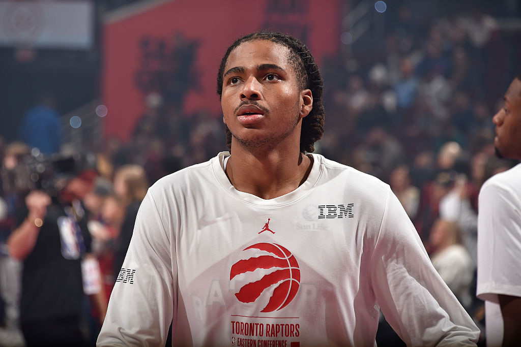 CLEVELAND, OH - OCTOBER 31: Collin Murray-Boyles #12 of the Toronto Raptors looks on before the game against the Cleveland Cavaliers during the 2025-26 Emirates Cup game on October 31, 2025 at Rocket Arena in Cleveland, Ohio. NOTE TO USER: User expressly acknowledges and agrees that, by downloading and/or using this Photograph, user is consenting to the terms and conditions of the Getty Images License Agreement. Mandatory Copyright Notice: Copyright 2025 NBAE (Photo by David Liam Kyle/NBAE via Getty Images)