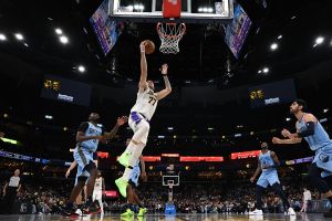 MEMPHIS, TN - OCTOBER 31: Luka Doncic #77 of the Los Angeles Lakers drives to the basket during the game against the Memphis Grizzlies during the 2025 - 2026 Emirates NBA Cup game on October 31, 2025 at FedExForum in Memphis, Tennessee. NOTE TO USER: User expressly acknowledges and agrees that, by downloading and or using this photograph, User is consenting to the terms and conditions of the Getty Images License Agreement. Mandatory Copyright Notice: Copyright 2025 NBAE (Photo by Grant Burke/NBAE via Getty Images)