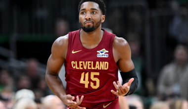BOSTON, MASSACHUSETTS - OCTOBER 29: Donovan Mitchell #45 of the Cleveland Cavaliers reacts after making a three-point basket against the Boston Celtics during the first quarter of a game at the TD Garden on October 29, 2025 in Boston, Massachusetts. NOTE TO USER: User expressly acknowledges and agrees that, by downloading and or using this photograph, User is consenting to the terms and conditions of the Getty Images License Agreement. (Photo by Brian Fluharty/Getty Images)