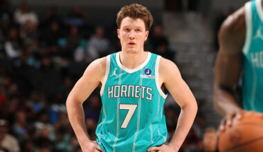 CHARLOTTE, NC - NOVEMBER 1: Kon Knueppel #7 of the Charlotte Hornets looks on during the game against the Minnesota Timberwolves on November 1, 2025 at Spectrum Center in Charlotte, North Carolina.